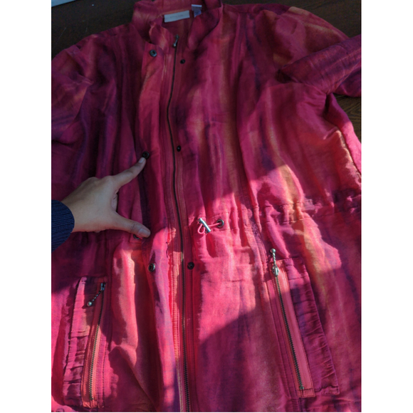 Chico's Women Linen Jacket Pink Art to Wear Abstract Cinch Waist Sz 2 Windbreake - Picture 6 of 9